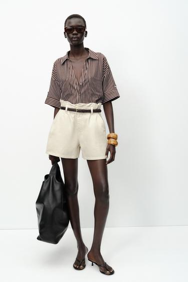 CROPPED LINEN BLEND SHIRT - Brown / Ecru by Zara