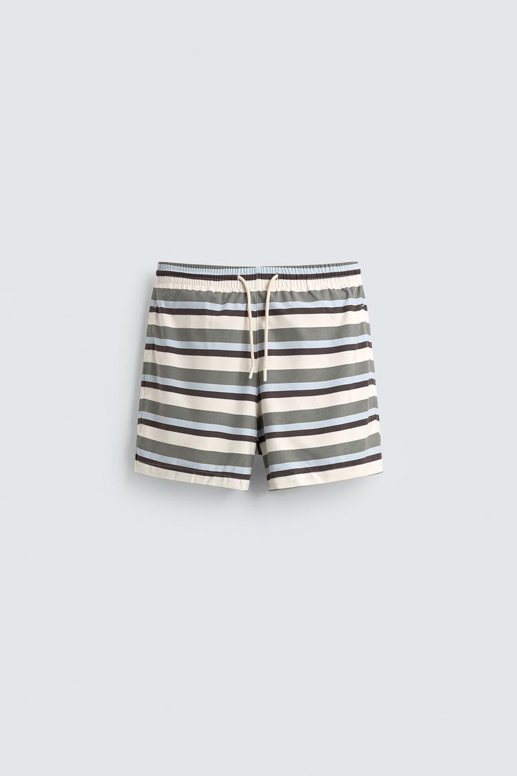 ZARA STRIPED MID-LENGTH SWIMMING TRUNKS