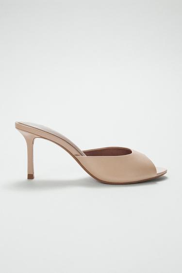 Zara LEATHER HEELED MULES - Beige