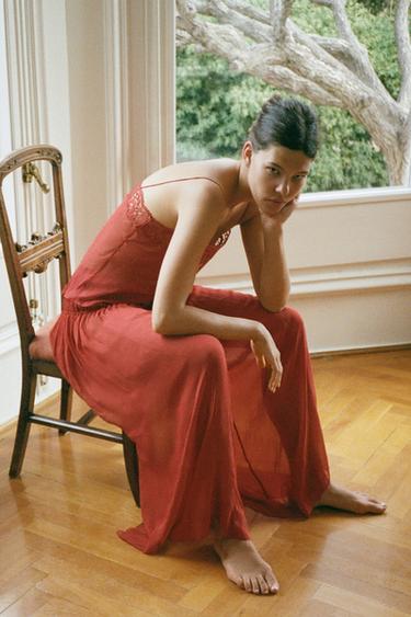CHEMISE GEORGETTE À DENTELLE - Corail rouge de Zara