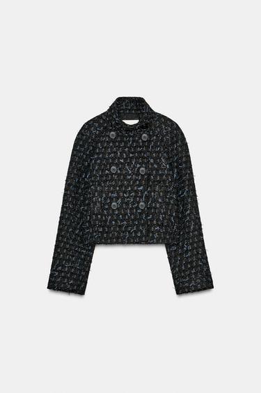 METALLIC THREAD TEXTURED CROSSOVER JACKET - Navy blue by Zara