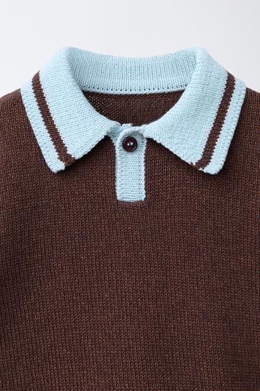 CONTRAST COLLAR KNIT POLO SHIRT - Brown-Blue by Zara - Image 2