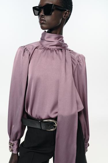 Zara TIED SATIN EFFECT SHIRT - Mauve