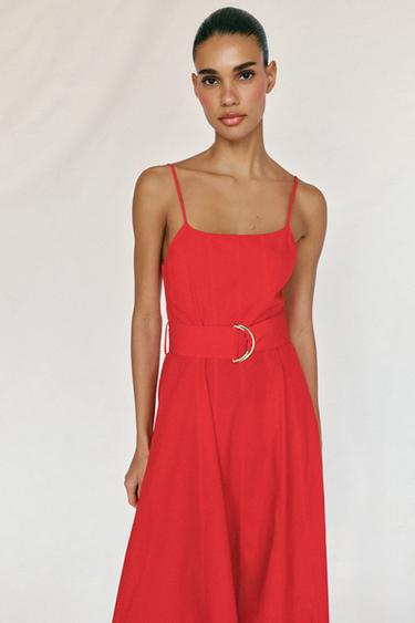 Zara BELTED POPLIN MIDI DRESS - Red