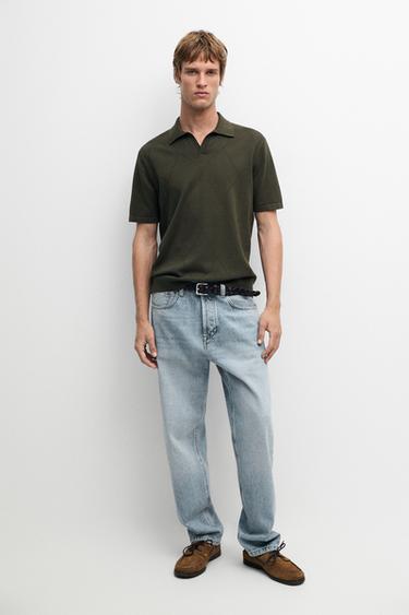 Zara 100% cotton intarsia knit polo shirt - BOTTLE GREEN - Image 0