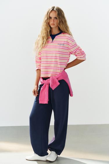 Zara STRIPED TEXT T-SHIRT - Pink / White