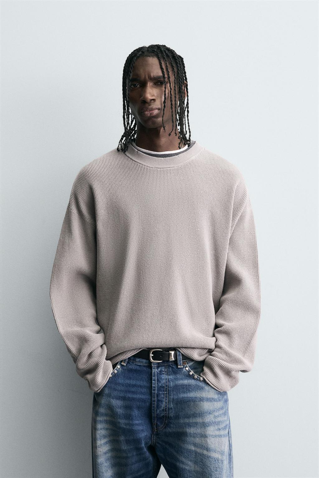 WAFFLE-KNIT TEXTURED SWEATER