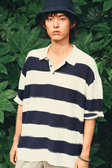 Zara 不規則條紋針織POLO衫 - 海藍色