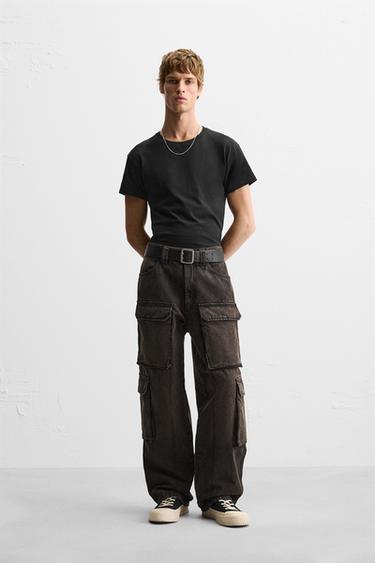 PANTALÓN DENIM CARGO BOLSILLOS - Marrón oscuro de Zara - Imagen 0