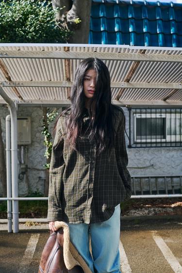 オーバーサイズチェックシャツダークグリーンZaraのオーバーサイズチェックシャツ - ダークグリーン 