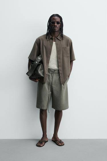 Zara 打褶腰帶休閒短褲 - 灰綠色