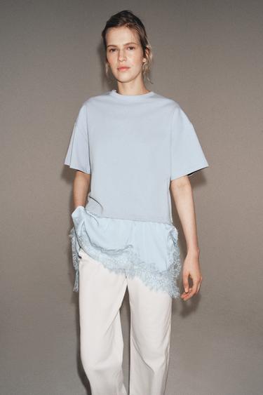 CONTRAST LACE T-SHIRT - Pastel blue by Zara