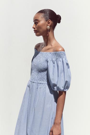 ROBE MIDI RAYURES BRODÉE - Bleu / Indigo de Zara - Image 7