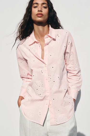 CAMISA BORDADOS ENGOMADOS - Rosa / Blanco de Zara