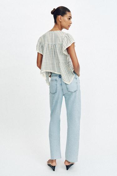TOP À CARREAUX BRODÉ ENTRE-DEUX - Bleu / Blanc de Zara - Image 6