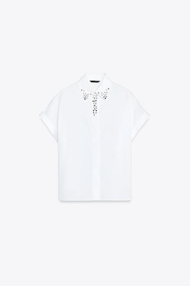 CHEMISE EN POPELINE COL BIJOUX - Blanc de Zara - Image 6