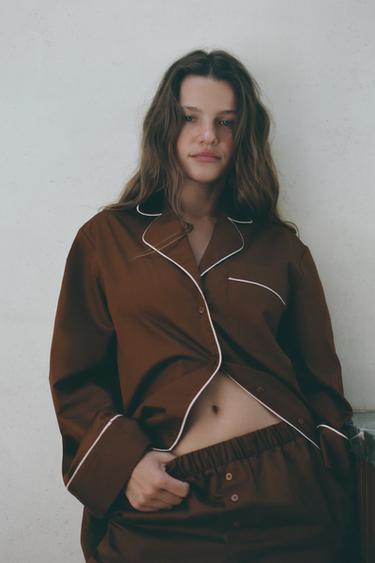 CONTRAST POPLIN PYJAMA TROUSERS - Brown by Zara