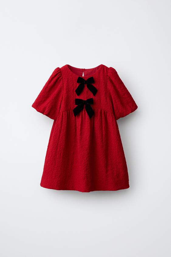 კაბა სტრუქტურა ხავერდის ბანტები - Zara-ს Red - სურათი 0