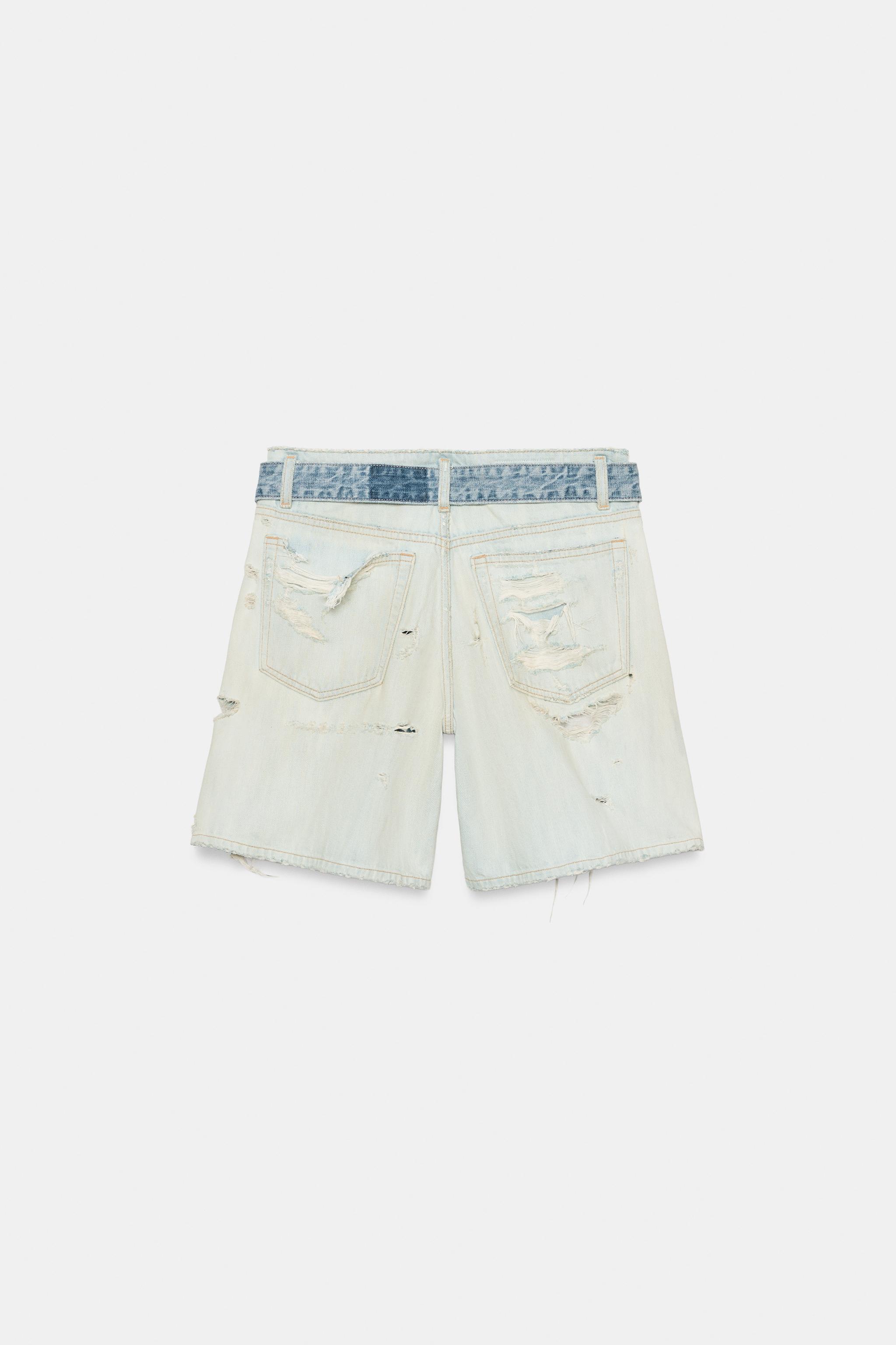 TRF MID-RISE RIPPED DENIM BERMUDA SHORTS WITH BELT