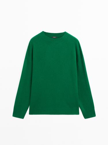 Pull col rond en laine mélangée - Vert canard de Zara