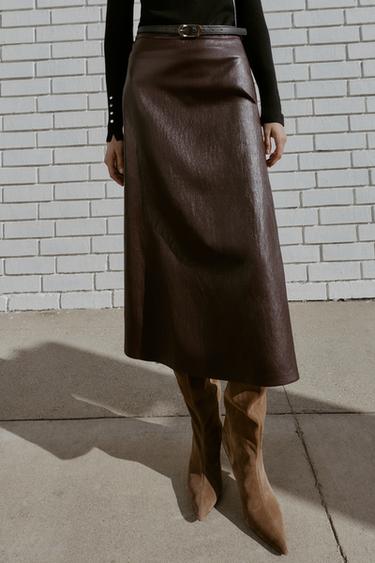 FAUX LEATHER MIDI SKIRT WITH BELT - Burgundy by Zara