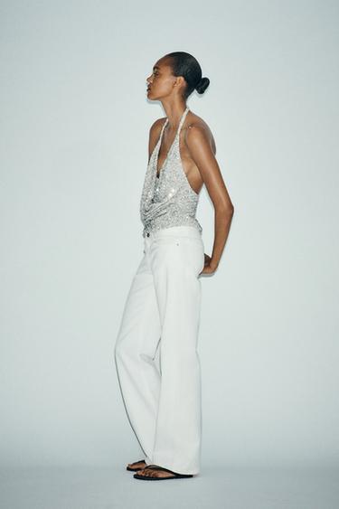 Zara RUCHED SEQUIN TOP - Silver