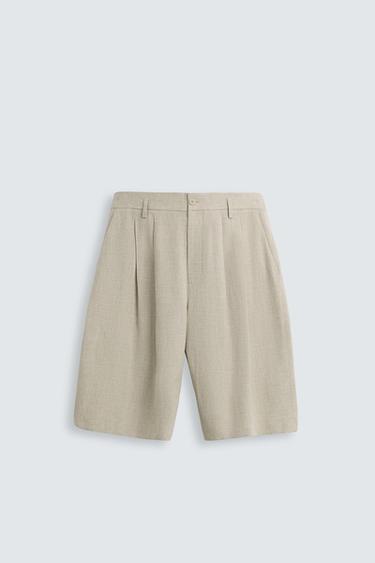 Zara WIDE FIT PLEATED BERMUDA SHORTS - Light beige