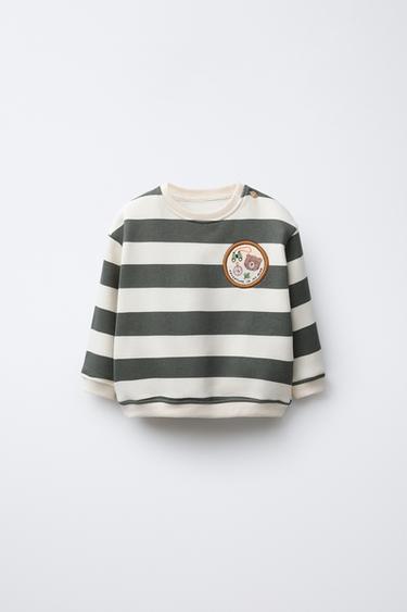 STRIPED SWEATSHIRT WITH BEAR PATCH - ecru/khaki by Zara