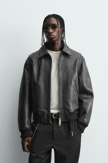 VESTE EN CUIR GRAVÉ - Noir de Zara