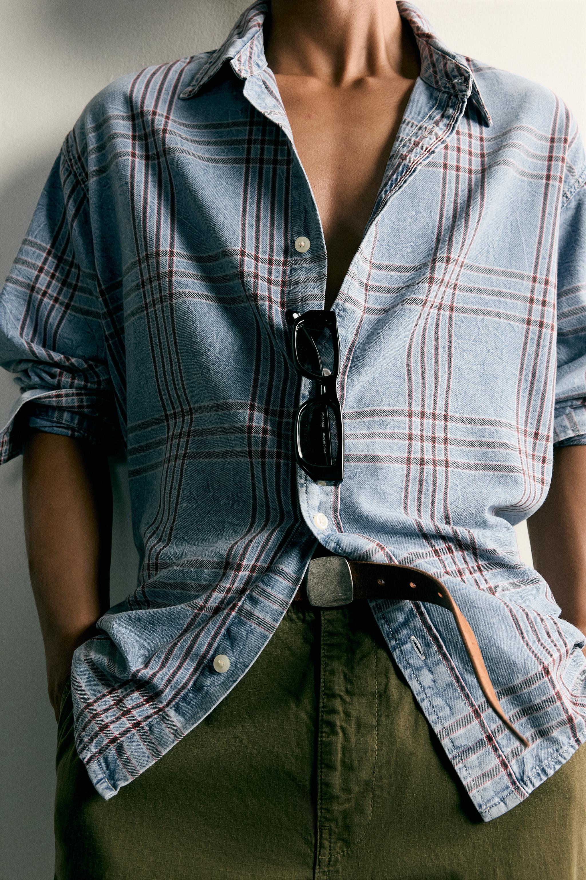 PLAID RELAXED-FIT DENIM SHIRT