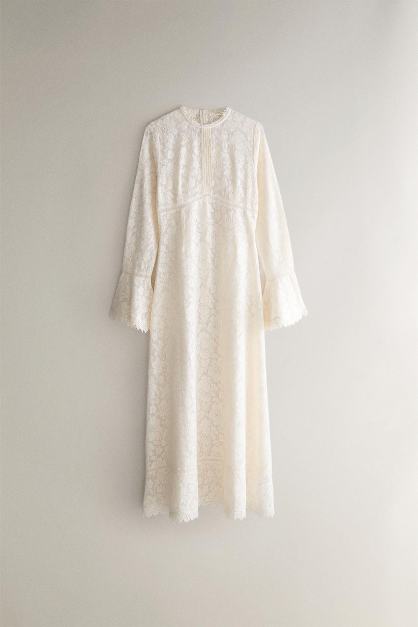 cotton dresses zara FLORAL LACE DRESS - Ecru High neck with tie Quantity:3 bottles casual zara dresses chiffon maxi dress sage Black Midi Hollow Out