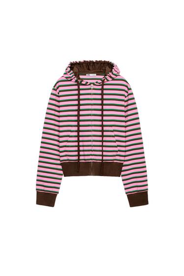 Zara STRIPED ZIP HOODIE - Mid-pink