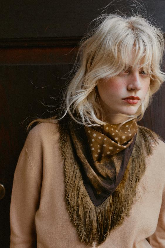 Zara PRINTED SILK-BLEND FRINGED SCARF - Green - Image 0