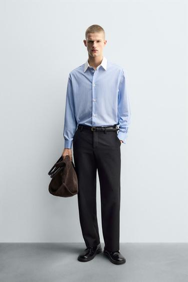 Zara STRIPED FRENCH CUFF SHIRT - Sky blue