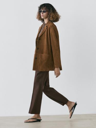 Zara 100% suede leather blazer with lapel collar - Brown