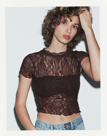 LACE CROP TOP - Dark brown by Zara
