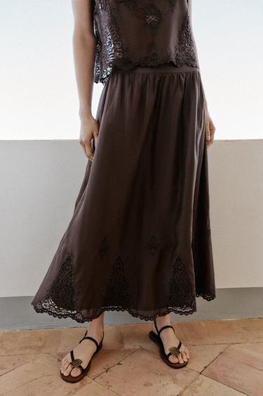 Zara EMBROIDERED VOLUME MIDI SKIRT - Brown