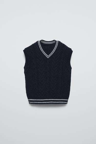 GILET EN MAILLE À LISERÉS - Bleu marine de Zara - Image 0