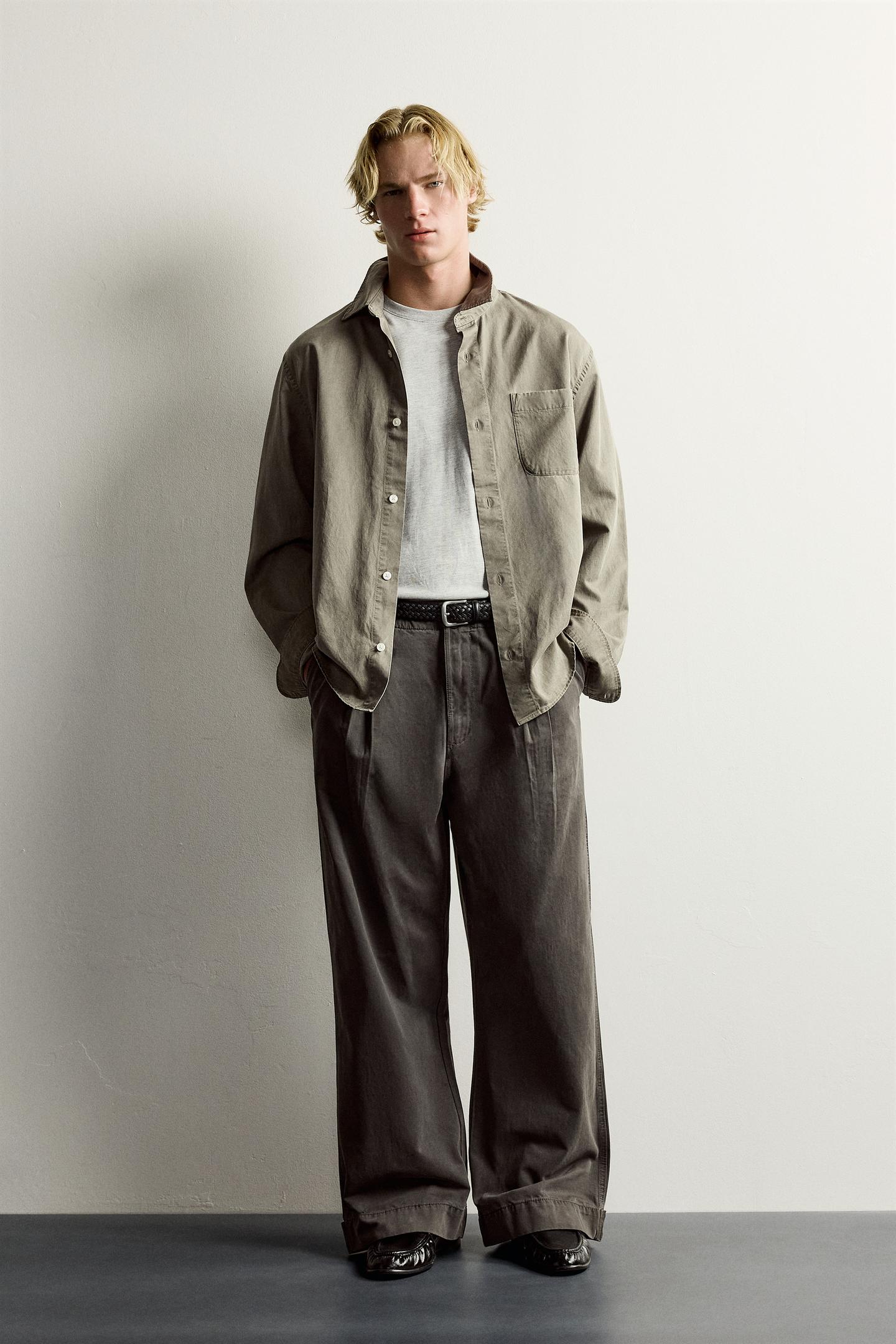 Мужские брюки Zara Wide-Fit Chino, цвет: Коричневый — фото 1