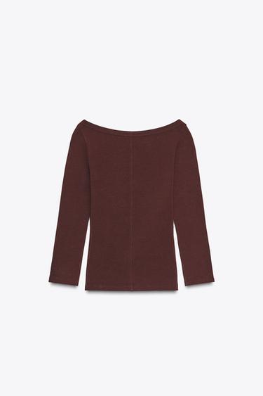 BOAT NECK T-SHIRT - Burgundy by Zara