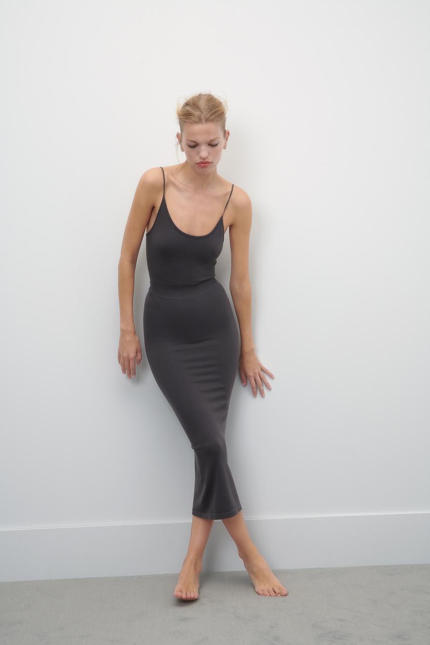 LONG POLYAMIDE STRETCH BODYCON SKIRT - Dark grey