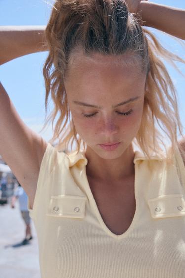 Zara RIBBED TAB TOP - Light yellow