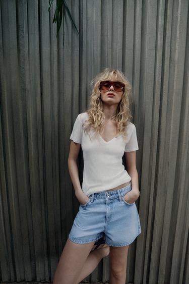 Z1975 MID-WAIST MOM FIT SHORTS - Light blue by Zara