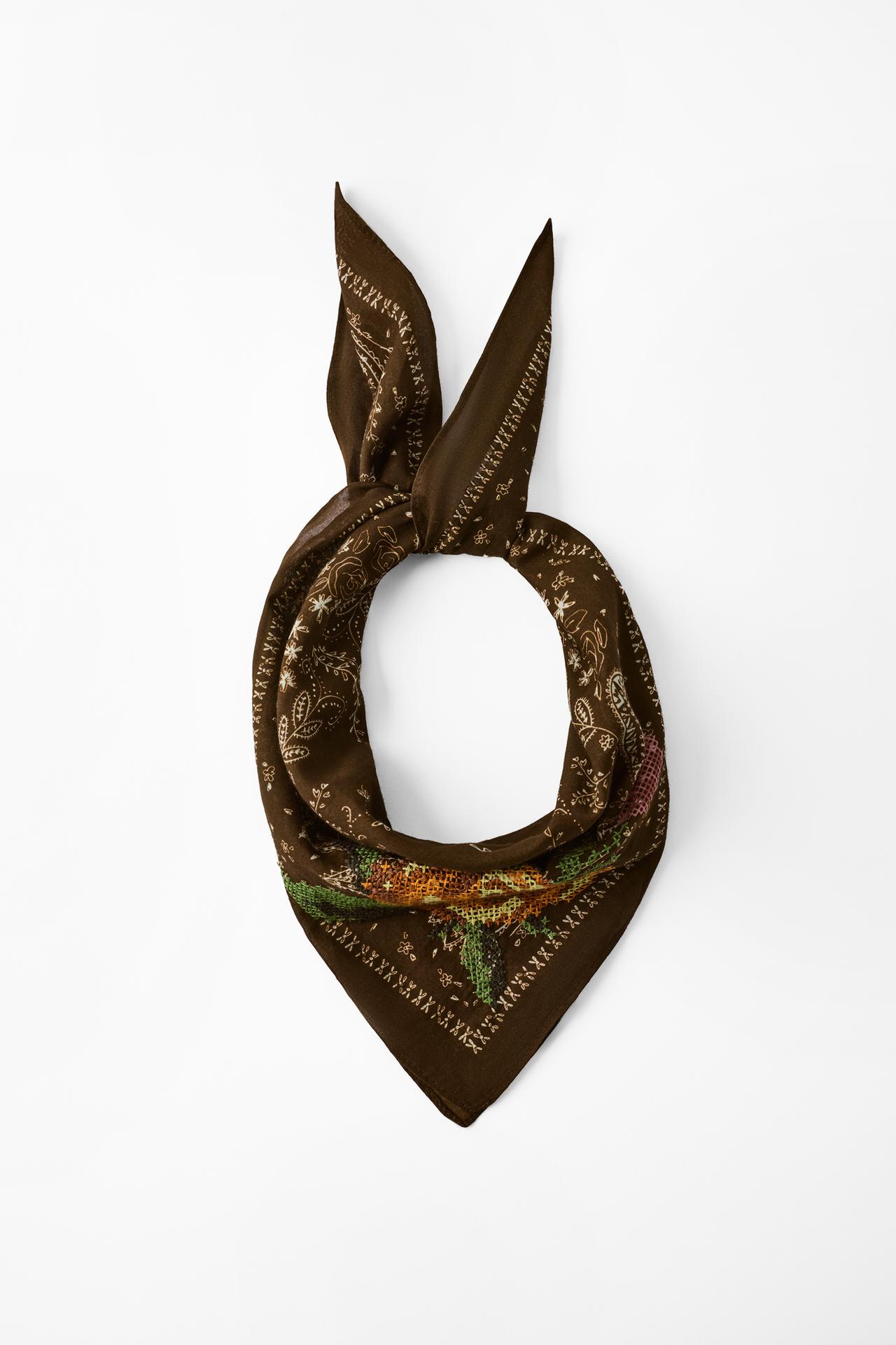 FLORAL EMBROIDERED BANDANA — Brown