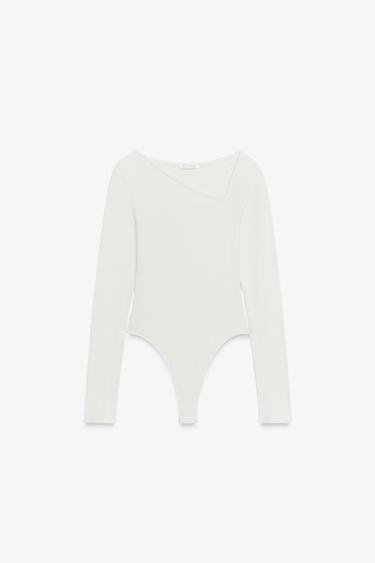 Zara ASYMMETRIC LONG SLEEVE BODYSUIT - Ecru