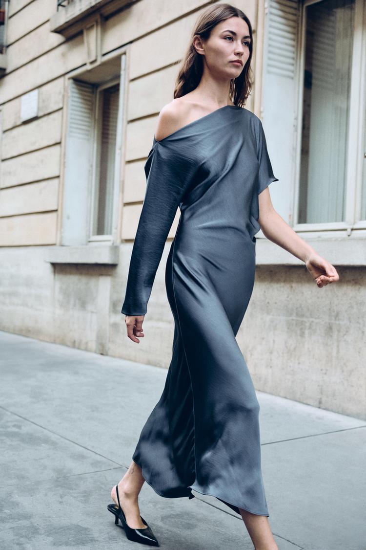 ASYMMETRIC SATIN MAXI DRESS — Gray