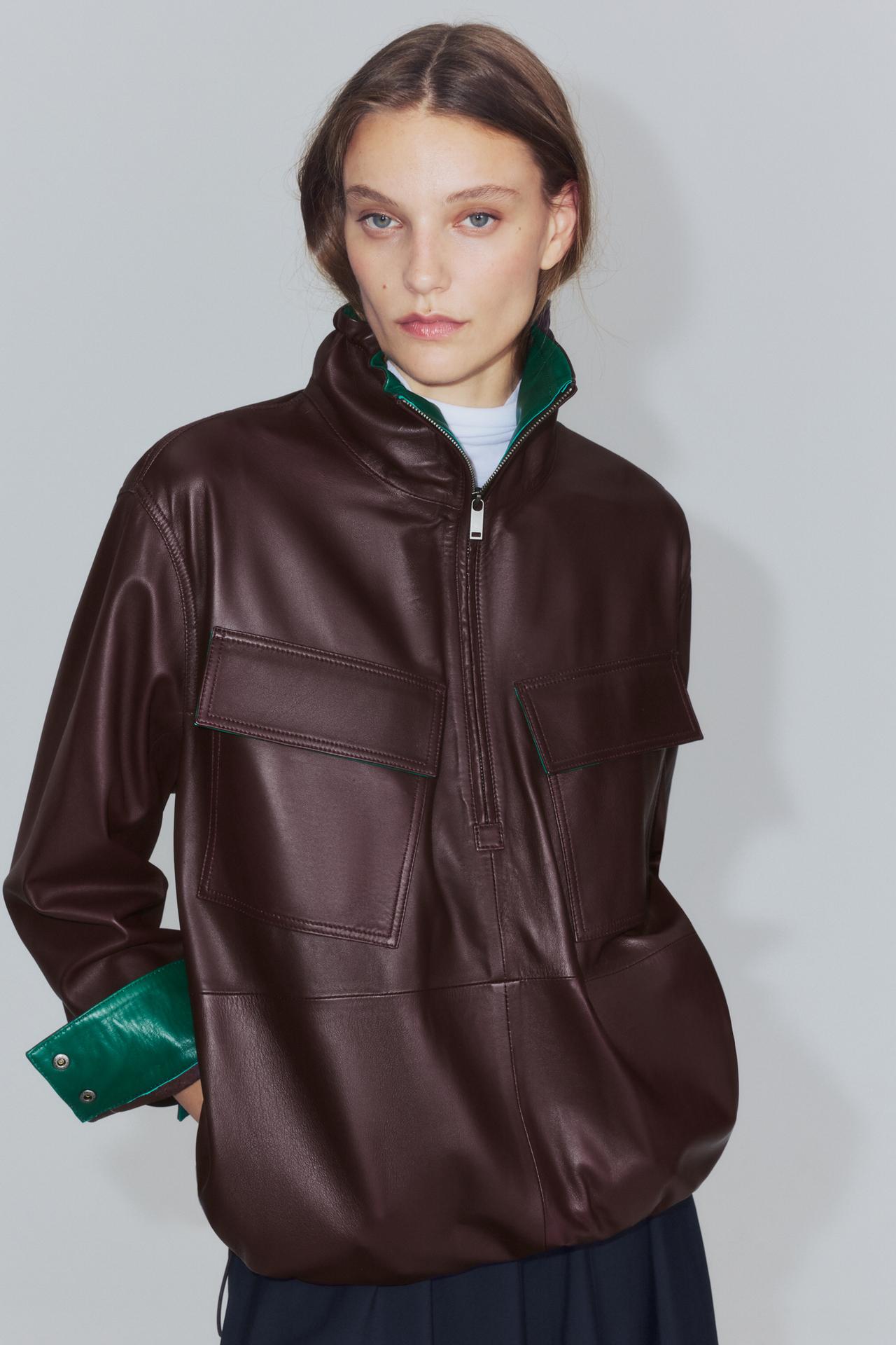 ZW COLLECTION 100% LEATHER POCKET SWEATSHIRT — Burgundy