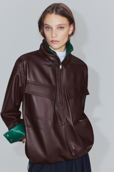 ZW COLLECTION 100% LEATHER POCKET SWEATSHIRT — Burgundy 1