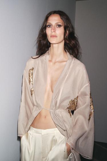 SILK KIMONO WITH EMBROIDERY AND BEADS - Sand by Zara - Image 3