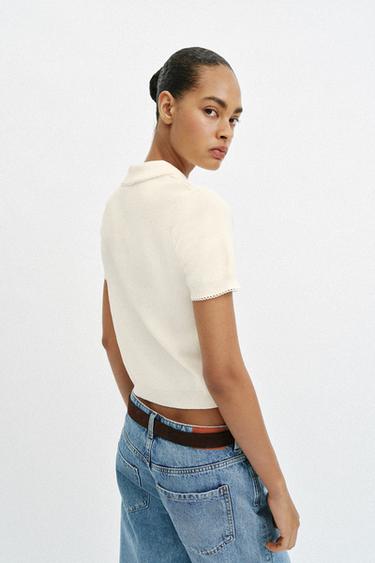 POLO EN MAILLE DENTELLE CONTRASTE - Blanc de Zara - Image 3